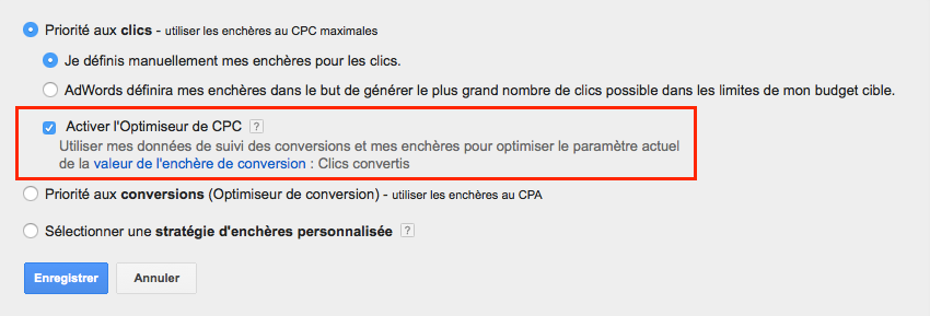 fonctionnalité optimiseur de CPC activée