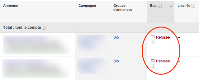 annonces adwords avec statut refusée