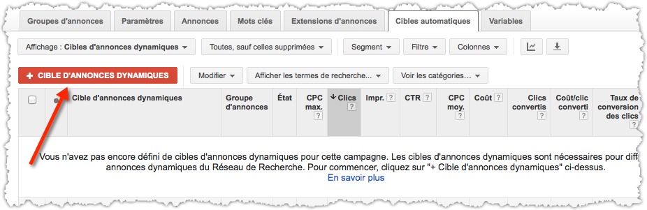 création de la cible d'annonces dynamiques