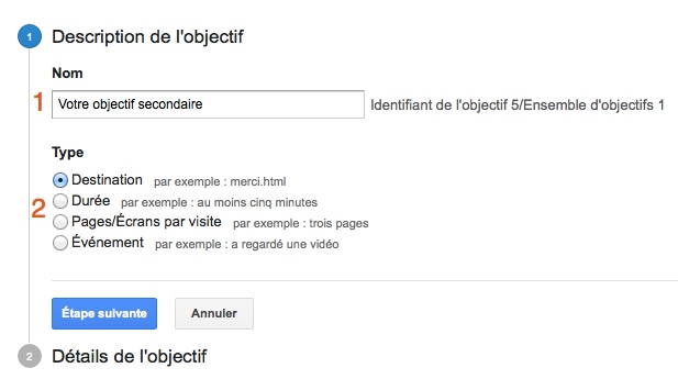 La création d'un objectif secondaire sur Google Analytics - étape 3