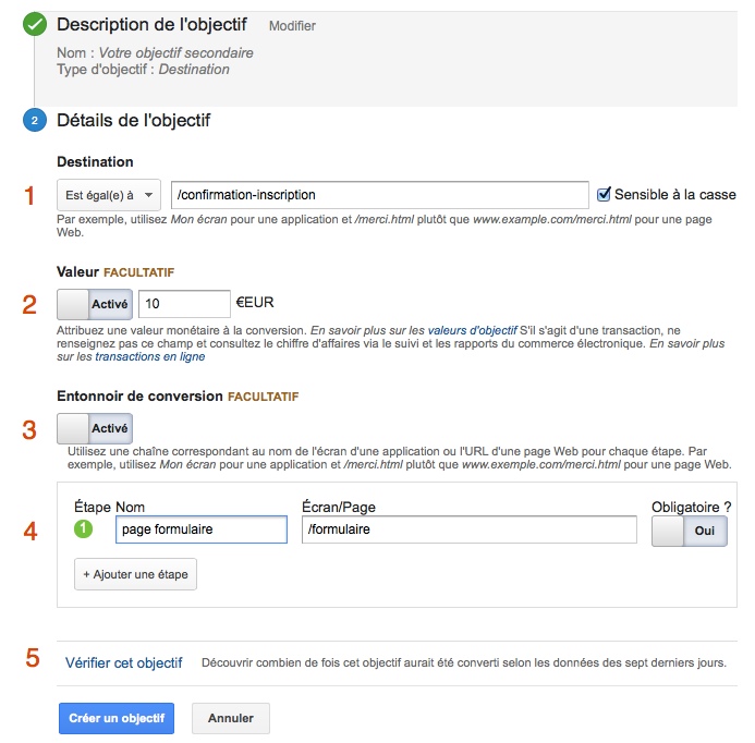 La création d'un objectif Google Analytics - étape 4