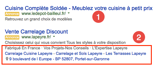 différence d'affichages des annonces Adwords avec ou sans extensions d'annonces