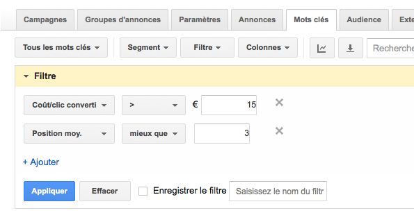 l'utilisation des filtres vous fera gagner un temps précieux sur Adwords