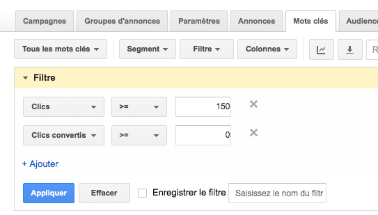 filtre des mots clés Adwords qui ne convertissent pas