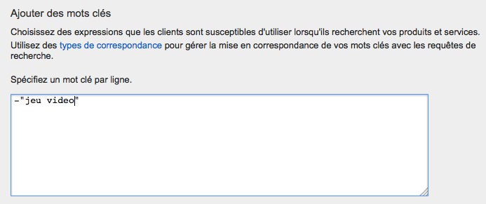 représentation des mots clés à exclure en expression exacte