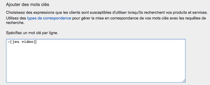 représentation des mots clés à exclure en ciblage exact