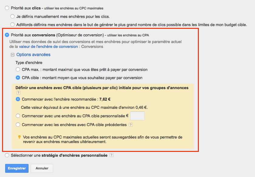 enchères automatisées priorités aux conversions