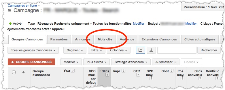 cliquez sur onglet mots clés