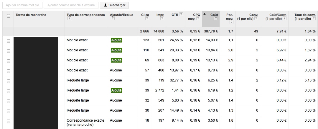 Rapport des termes de recherches Google Adwords