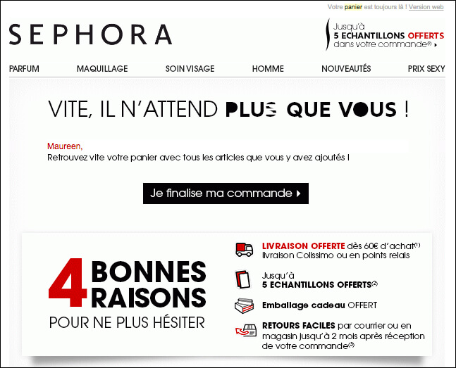 Exemple mail panier abandonné - Sephora